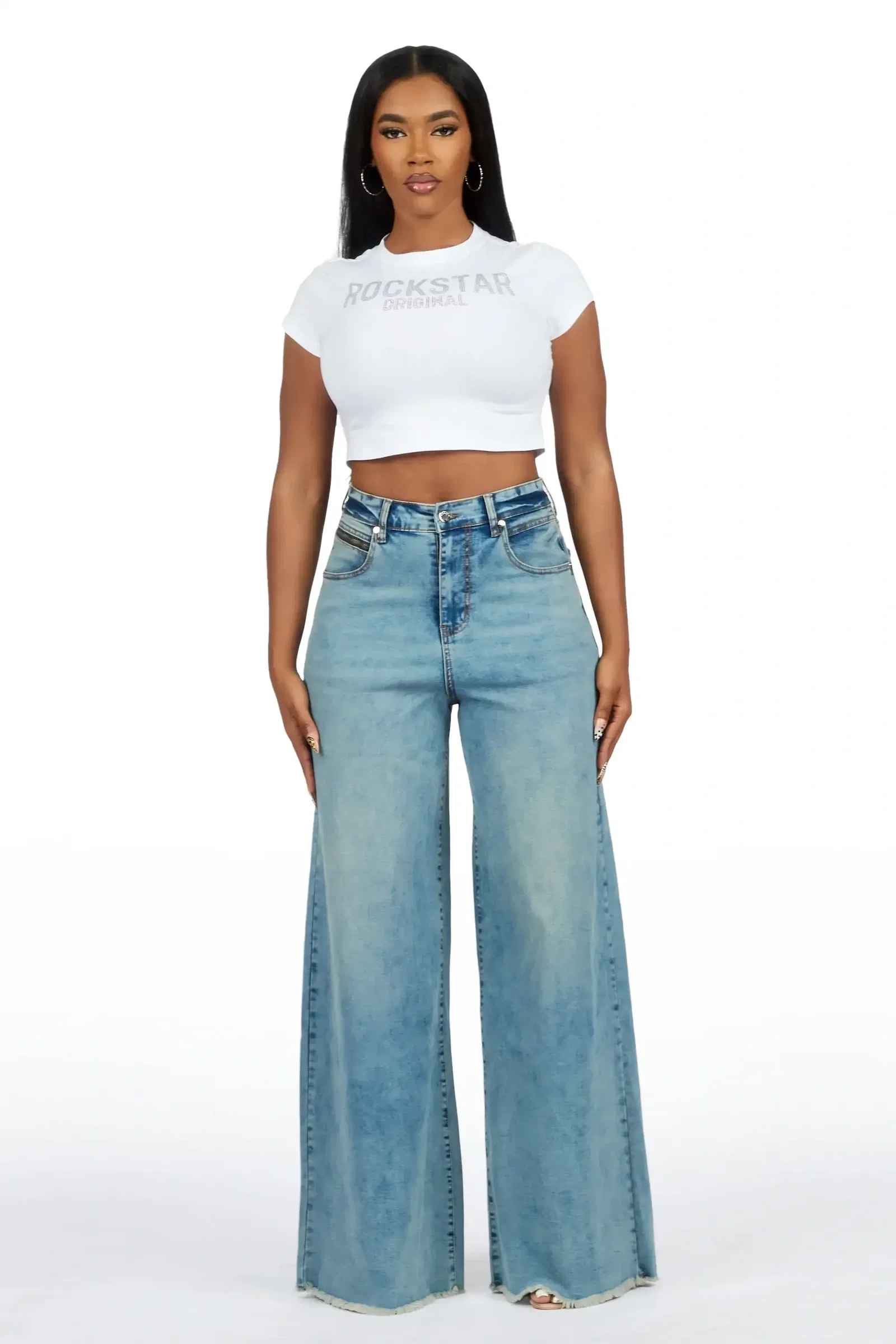 Image of Cegaria Light Wash High Rise Elastic Back Stretch Baggy Jean