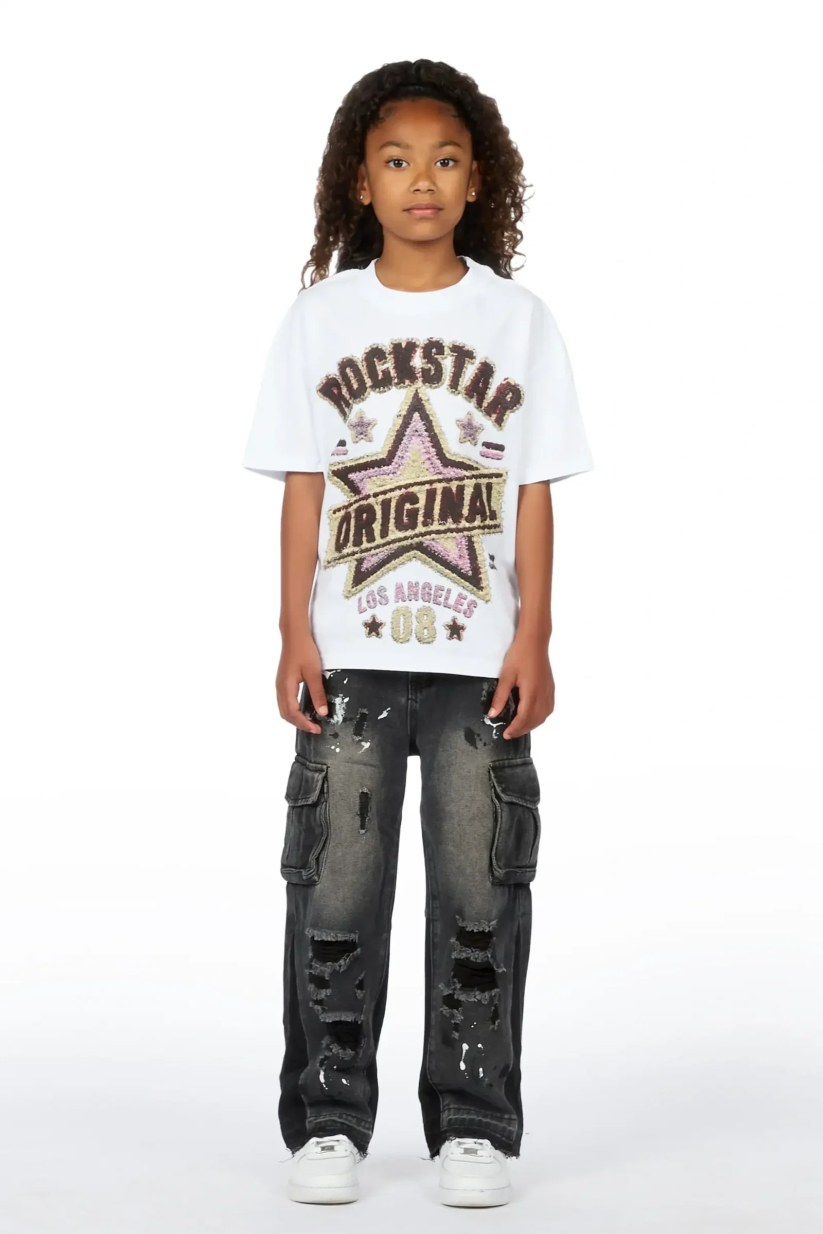 Image of Girls Basiliskie White/Dark Grey T-Shirt Baggy Jean Set