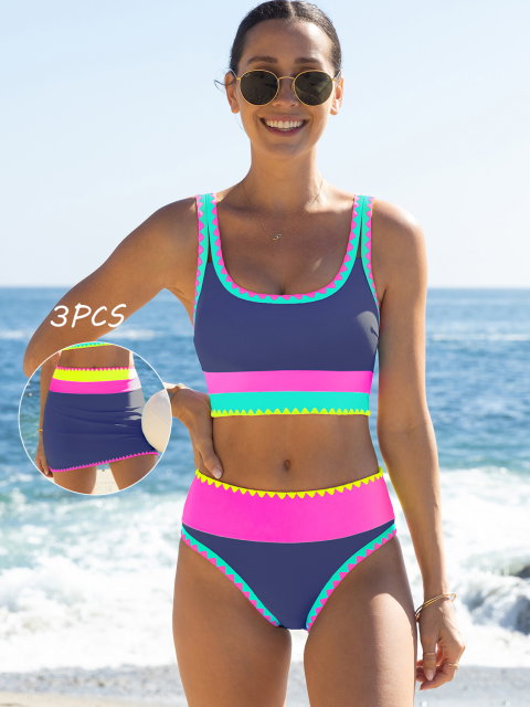 3-Piece Colorblock Bikini Set with Skirt