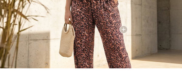Broek Rose, luipaardmotief, wijde pijpen, elastische tailleband
