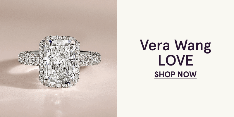 White gold ring with large, radiant-cut diamond center stone with halo & pavé-set band. Vera Wang LOVE. Click here to shop now