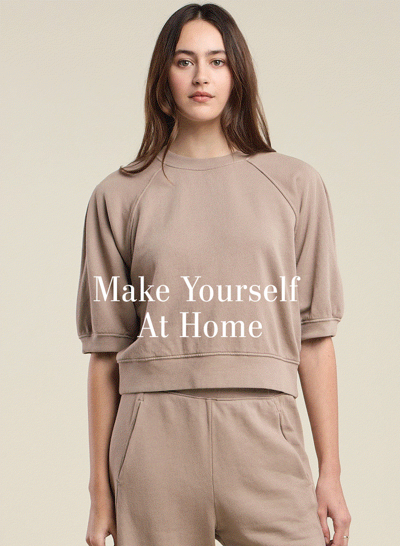 Gif containing Image shows a model wearing the Bonnie Top in Faded Coco.  Image shows a model wearing the Yoko Top in Hunter Green.