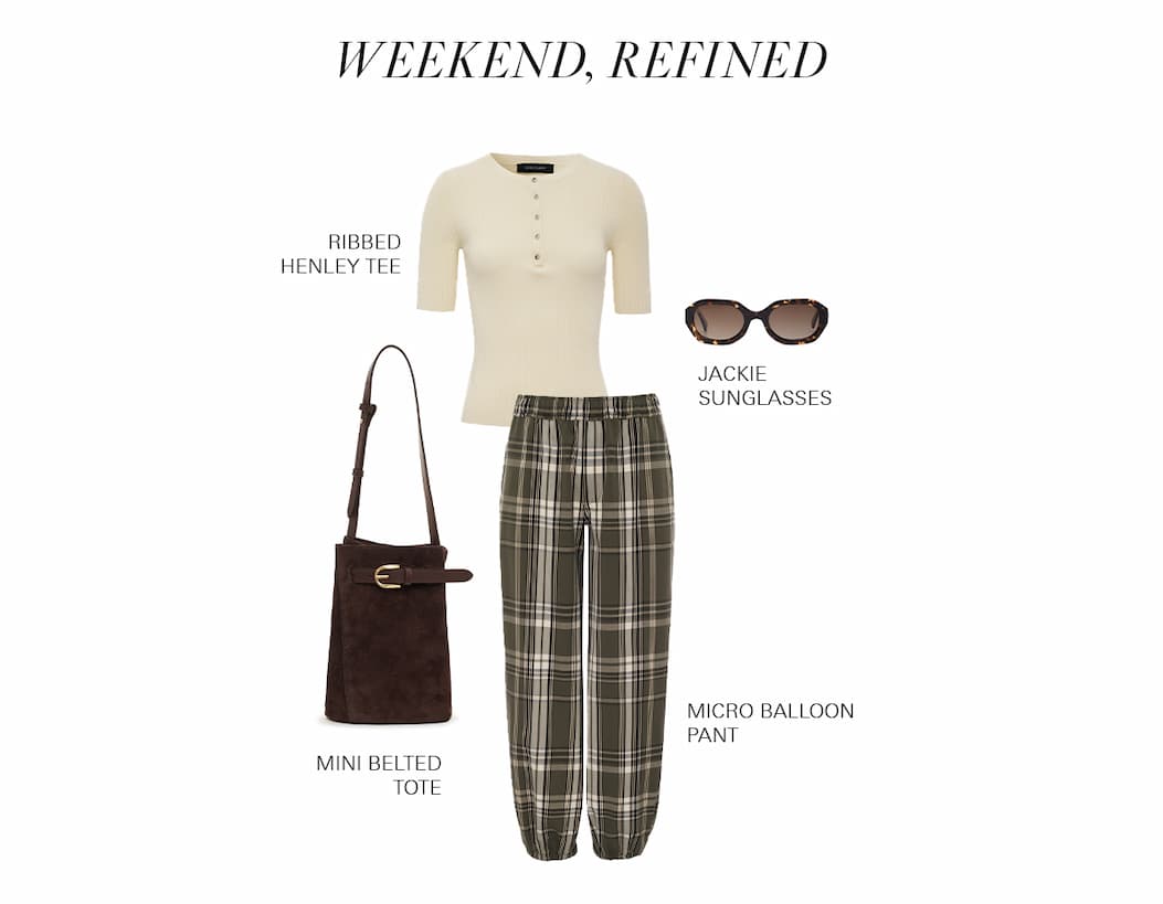 outfit images of balloon pant in plaid, henley tee, tote bag, and sunglasses