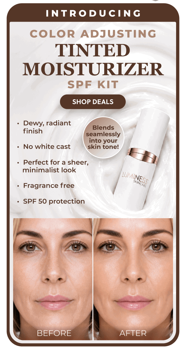 INTRODUCING COLOR ADJUSTING TINTED MOISTURIZER SPF KIT: Dewy, radiant finish. No white cast. Perfect for sheer, minimalist look. Fragrance free. SPF 50 protection.