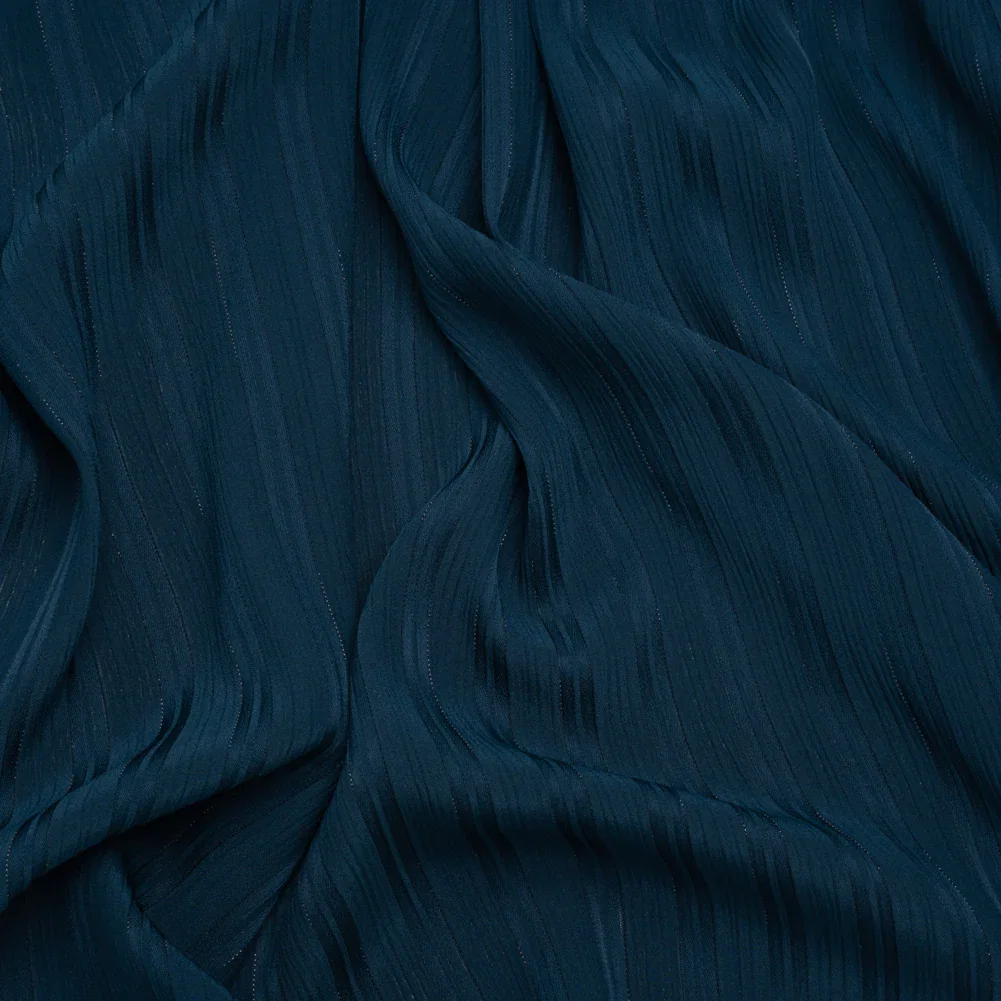Image of Polyester Dobby Plisse - Navy Blue Satin Stripes - Designer Deadstock