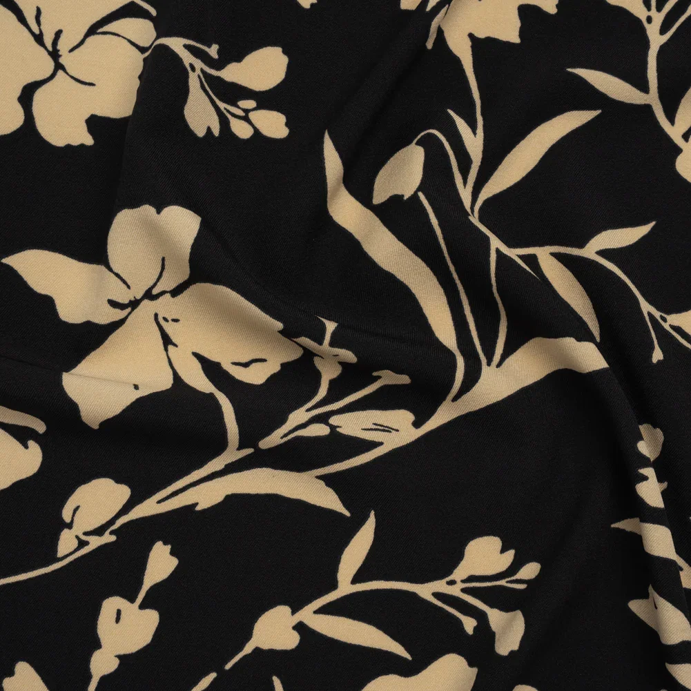 Image of Stretch Polyester Twill Print - Black and Beige Floral - Designer Deadstock