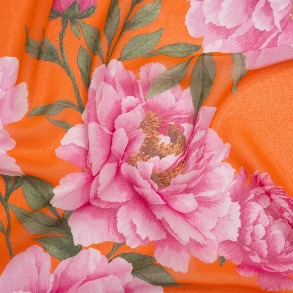 Image of Polyester Chiffon Print - Pink and Orange Floral - Designer Deadstock