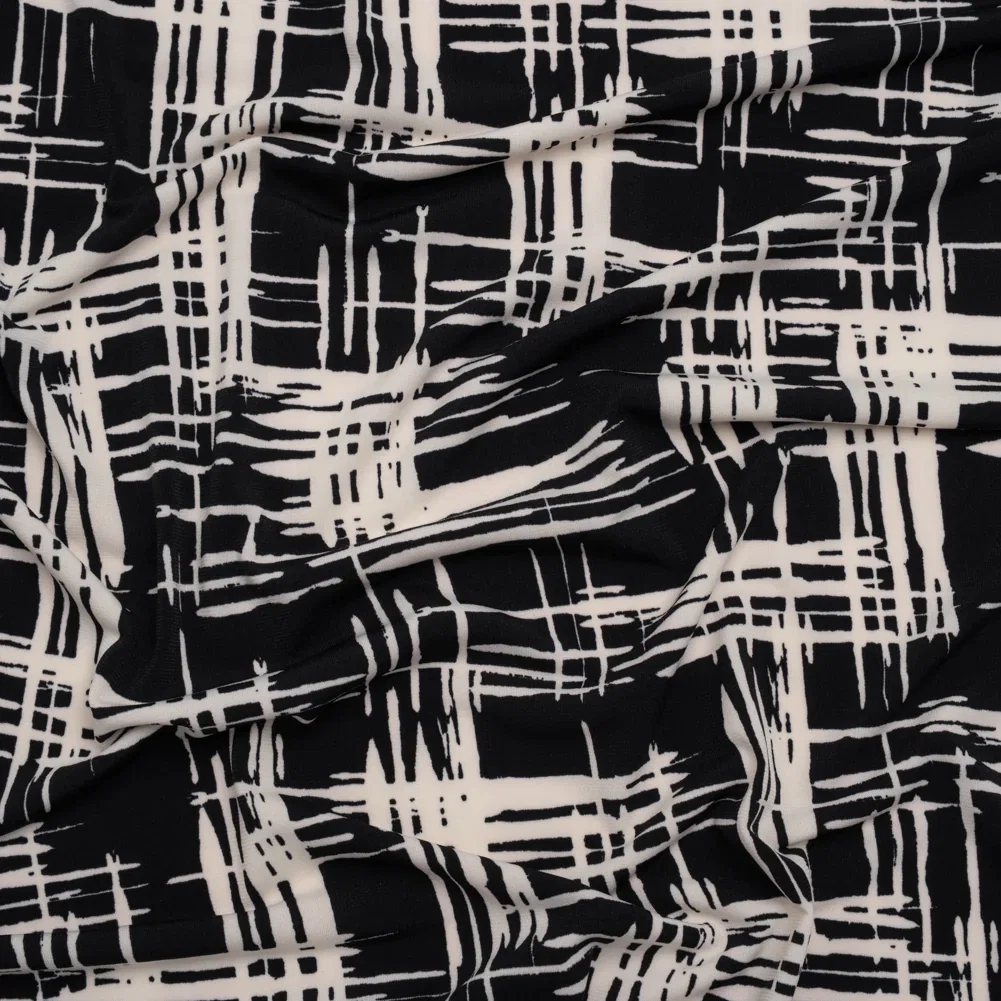 Image of Stretch Matte Polyester Jersey Print - Black and White Abstract Hatching - Designer Deadstock