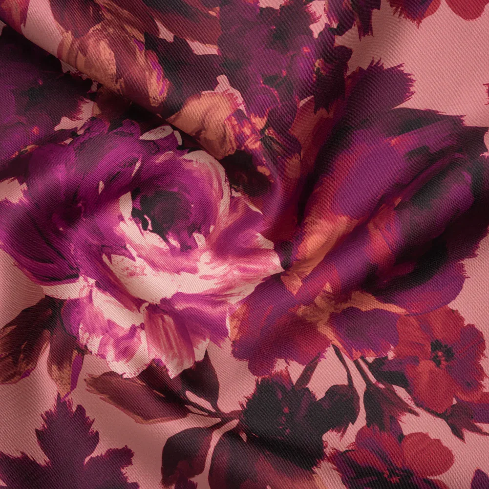 Image of Polyester Mikado Print - Pink, Red and Plum Painterly Florals - Designer Deadstock
