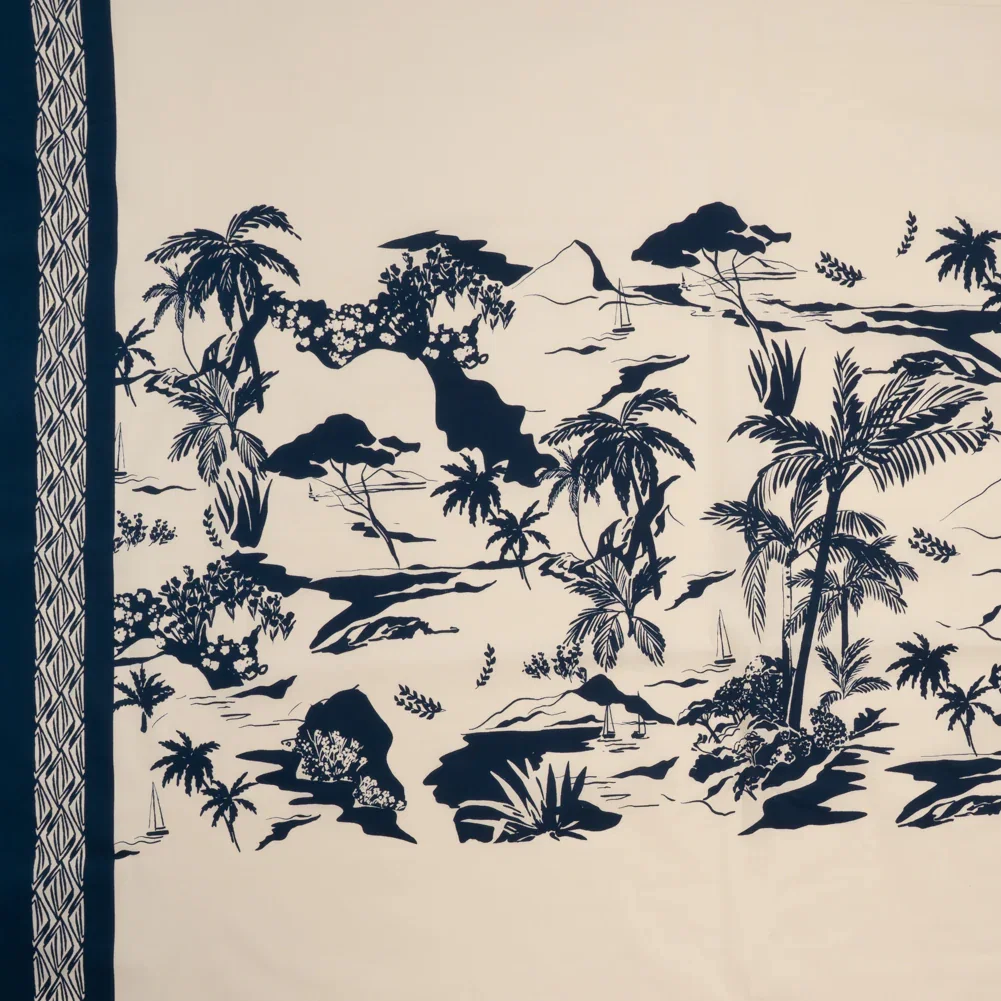 Image of Stretch Cotton Poplin Panel - Cream and Navy Tropical Scenery - Designer Deadstock