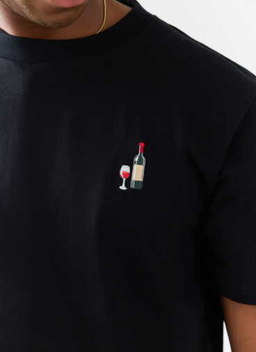 Red Wine Embroidered T Shirt | Organic Cotton | Black