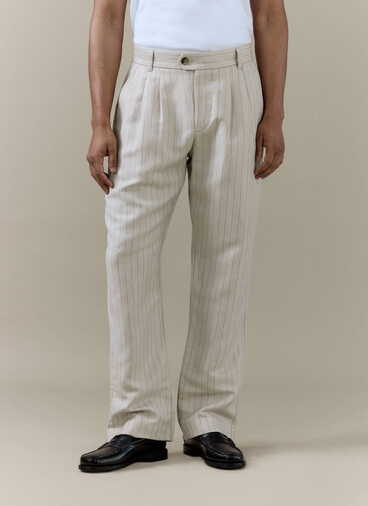 Striped Pleated Tailored Trousers | Linen Blend | Cream