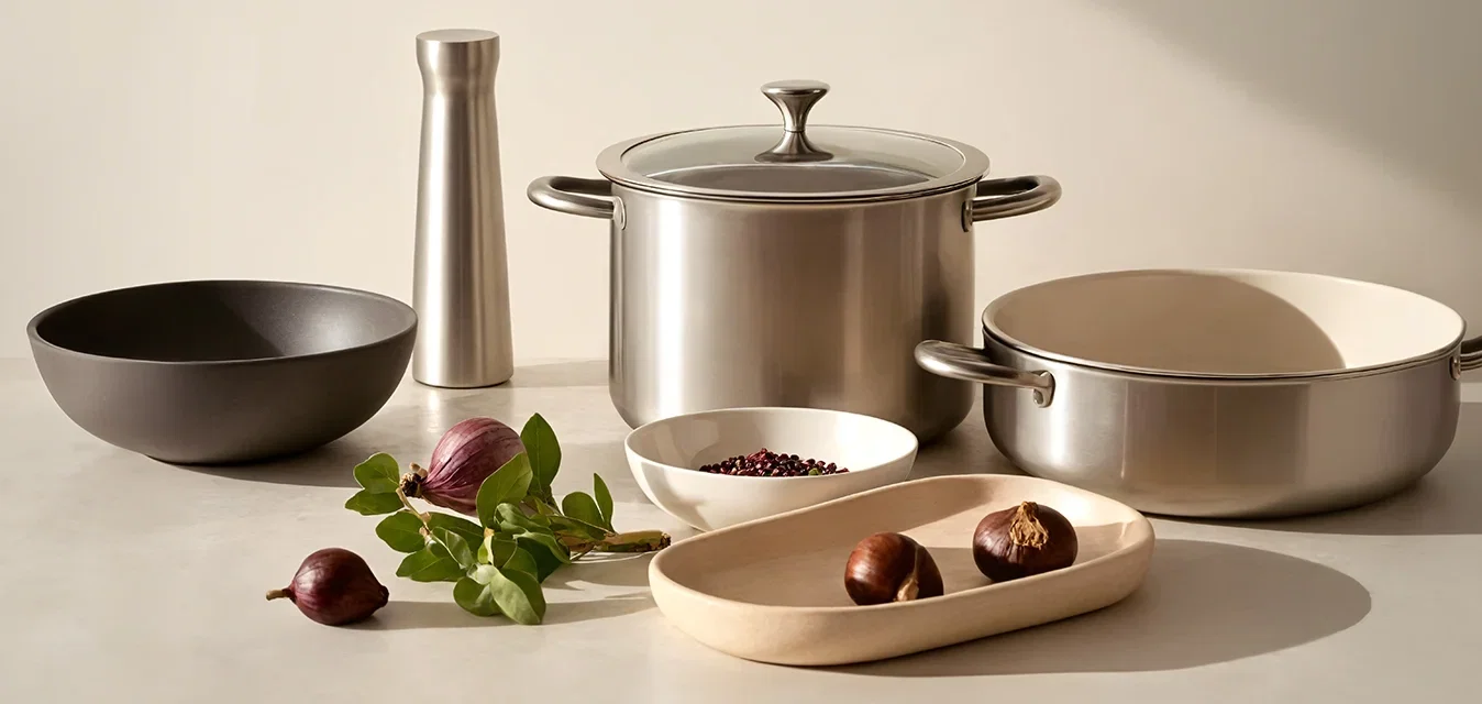 Casserole en acier inoxydable avec couvercle en verre, bol foncé, plateau en bois, moulin à poivre et deux ampoules violettes sur une surface claire. Palette de couleurs neutres.