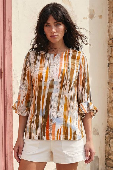 Abstract Print Frill Sleeve Top