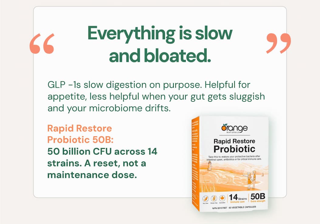 "Everything is slow and bloated." GLP -1s slow digestion on purpose. Helpful for appetite, less helpful when your gut gets sluggish and your microbiome drifts. Rapid Restore Probiotic 50B. 50 billion CFU across 14 strains. A reset, not a maintenance dose.