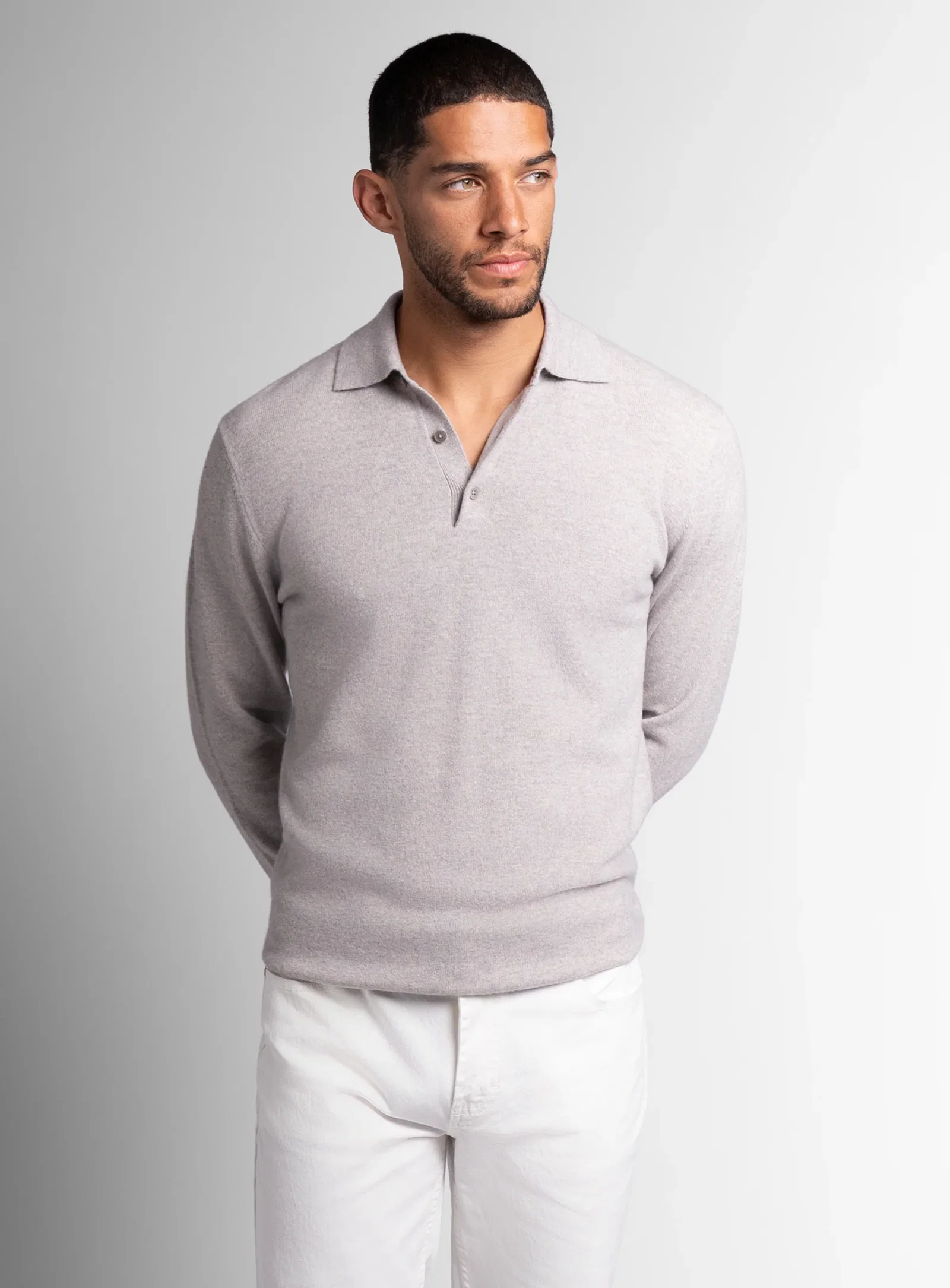 Image of Wool/Cashmere Long Sleeve Taupe Polo Knit