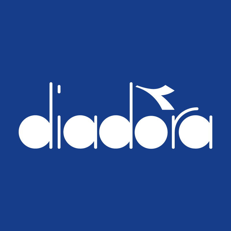 Diadora logo — white stylised wordmark with emblem on a blue background