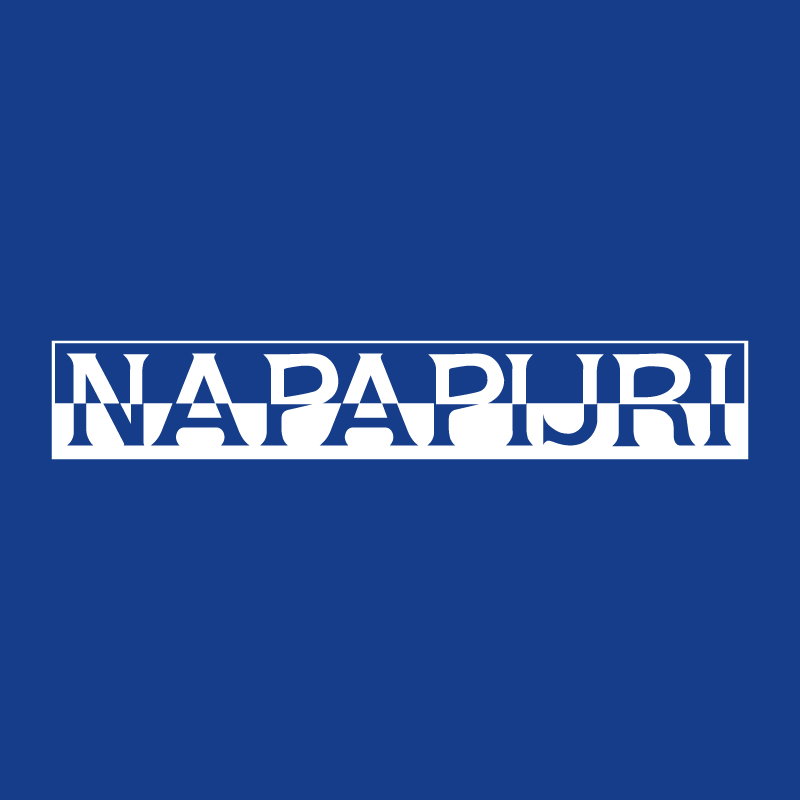 White Napapijri brand logo inside a rectangular outline on a deep blue background
