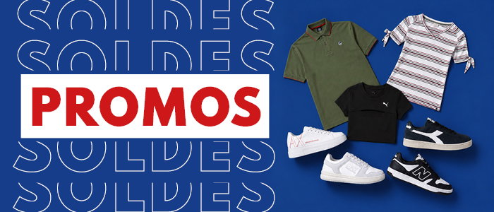 Flat-lay of men's and women's casual clothing and trainers on blue background with bold 'PROMOS' sale text