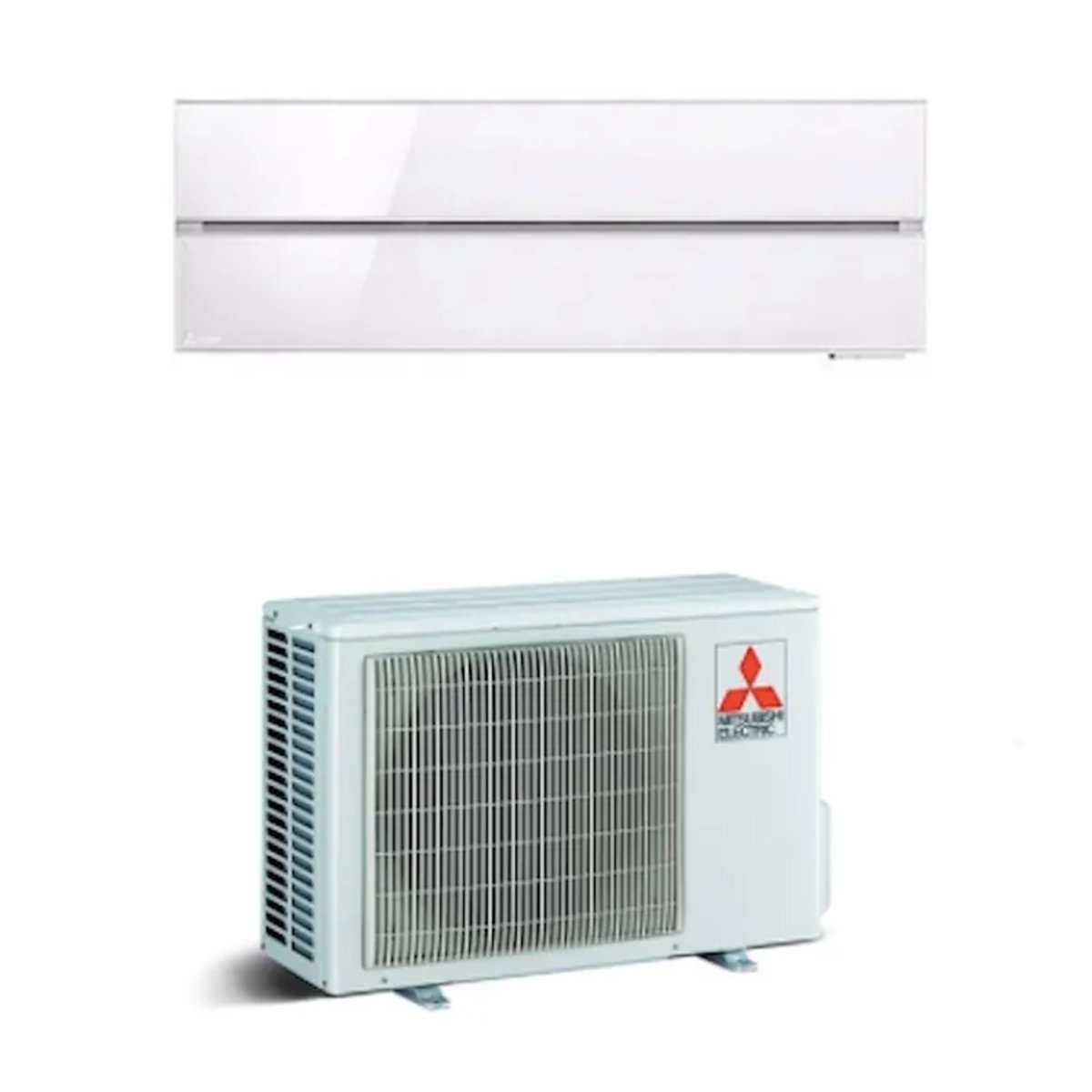 White Mitsubishi Electric split air conditioning system showing wall-mounted indoor unit and outdoor condenser unit