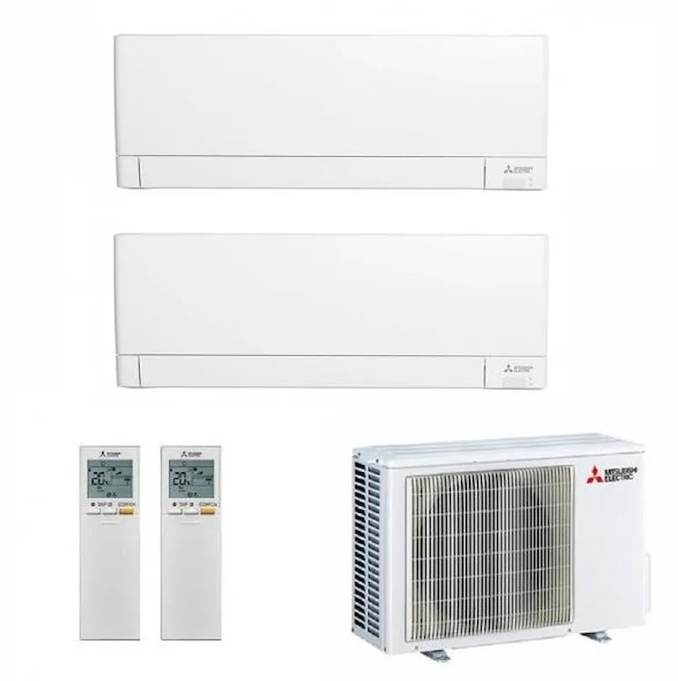 Mitsubishi Electric split air conditioning system: two white indoor wall units, two remote controls and an outdoor compressor unit
