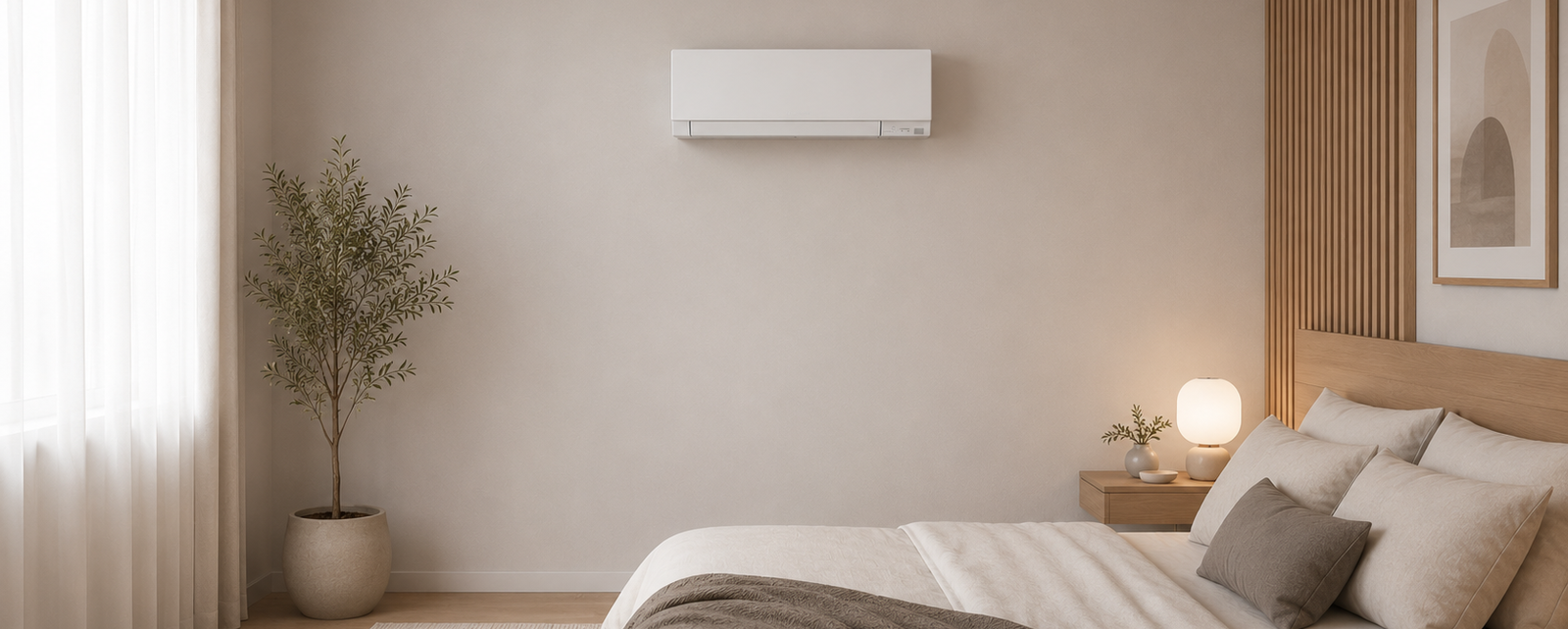Neutral bedroom with wall-mounted air conditioner above bed, bedside lamp and plant, potted tree by sheer window