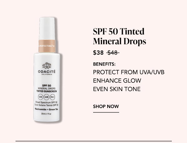 SPF 50 Tinted Mineral Drops: Bottle of SPF 50 Tinted Mineral Drops floating in pool water; named Best Tinted Face Sunscreen by Cosmopolitan, now $38.