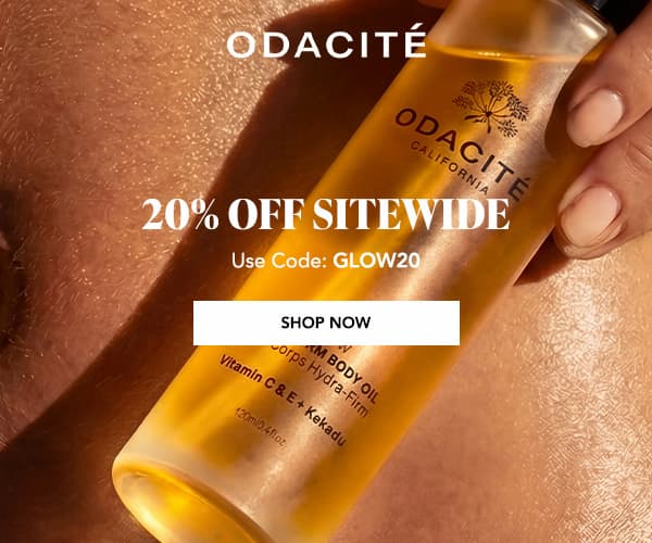 C-Glow Hydra-Firm Body Oil held against glowing skin in sunlight, promoting 20% off sitewide with code GLOW20.