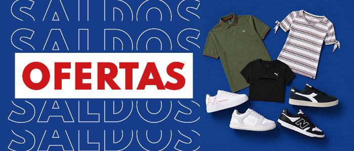 White banner reading 'OFERTAS' on blue background with repeated 'SALDOS', showing a green polo, striped blouse, black crop top and several trainers