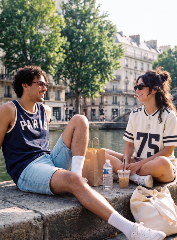 Two people wearing PSG lifestyle apparel relax by the Seine in Paris, showcasing casual summer styles in a city setting.