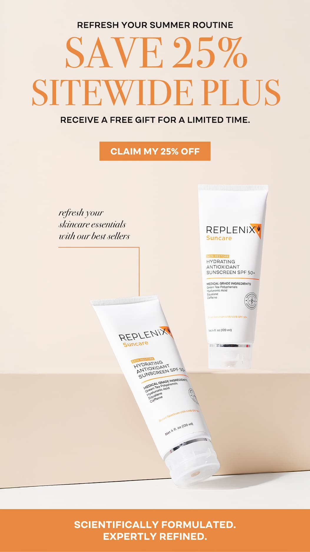 Replenix Refresh Your Summer Routine Flash Sale featuring 25% OFF Sitewide plus a FREE Age Restore Nighttime Therapy Mini ($49 Value) on qualifying $99+ purchases.