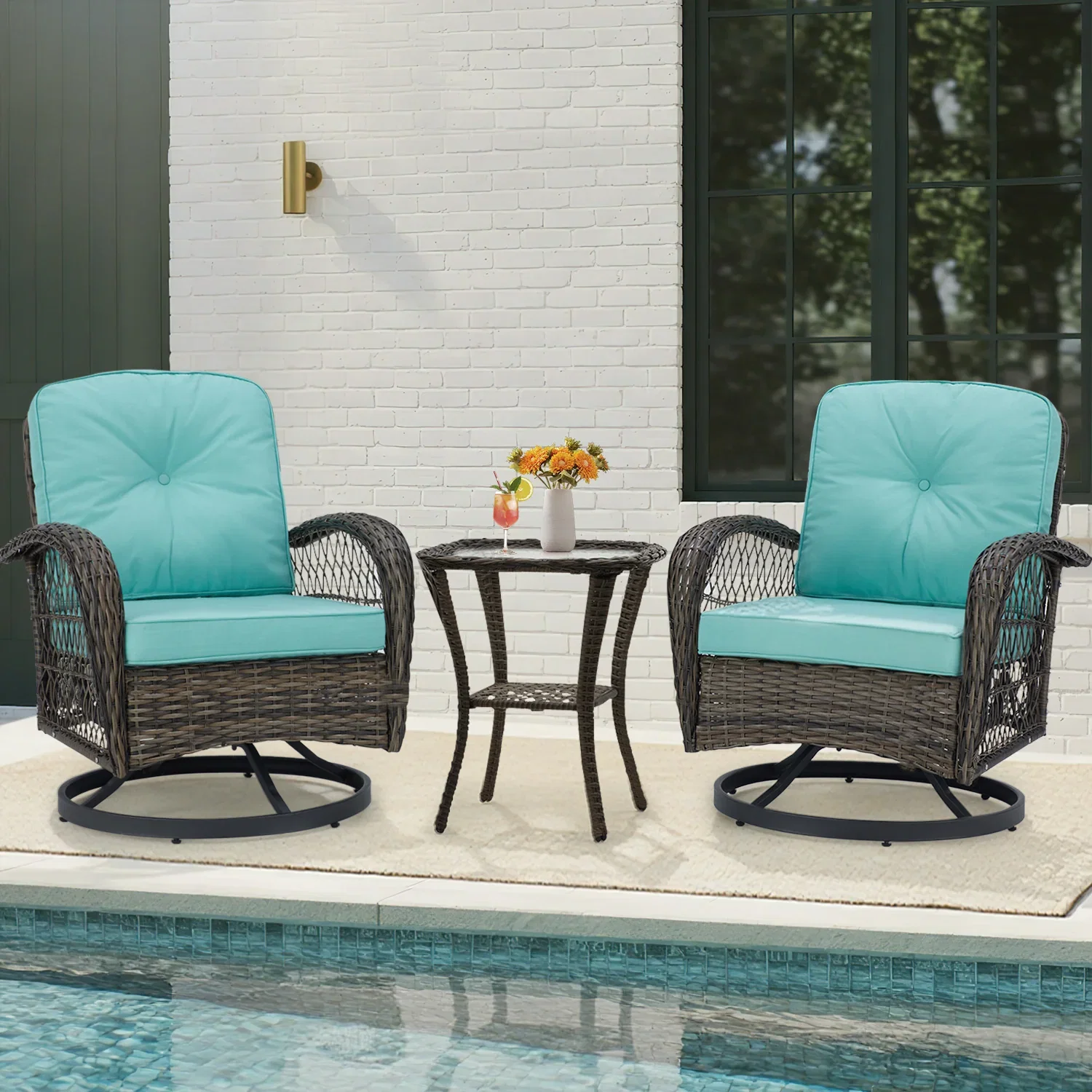 EROMMY 3 Pieces Swivel and Rocker Patio Chairs with a Table - Blue