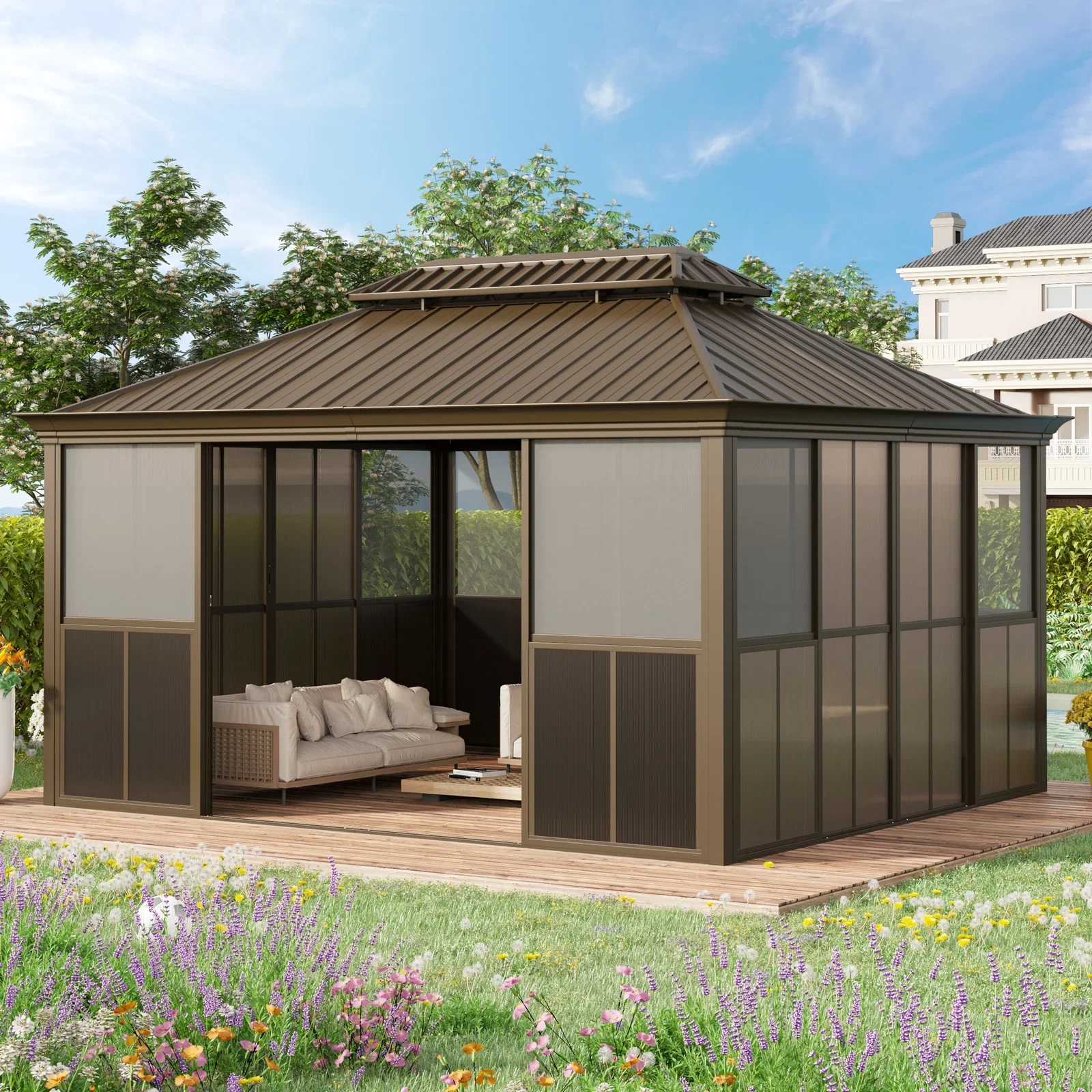 EROMMY 12X14 Florida Sunroom for Backyard Greenhouse with Sliding Door – Brown