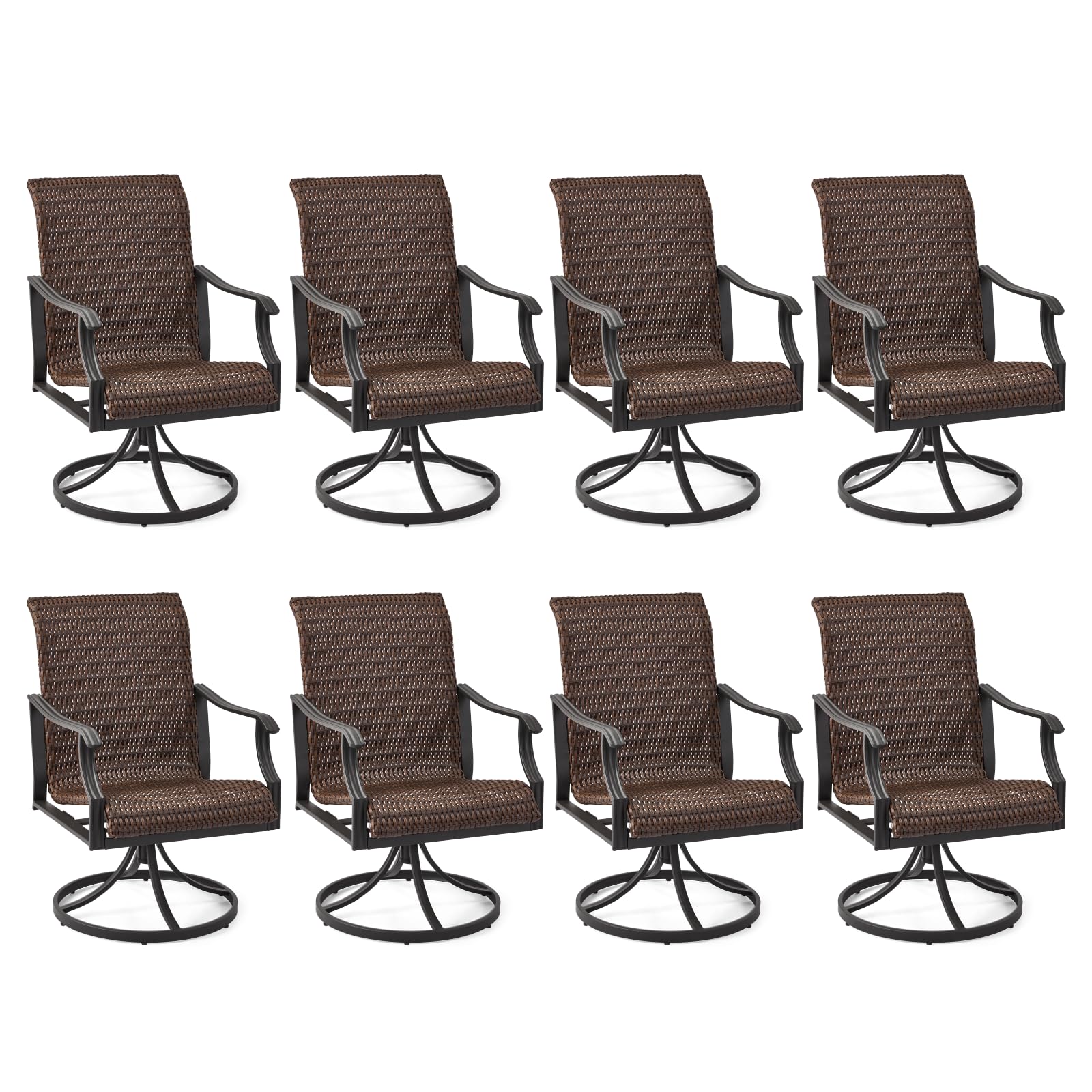 EROMMY Patio Wicker Swivel Chair Set of 8, Heavy Duty Outdoor Dining Chair with 23.5'' High Back, Extra-Large Water-Fall Seat, Gentle Rocker