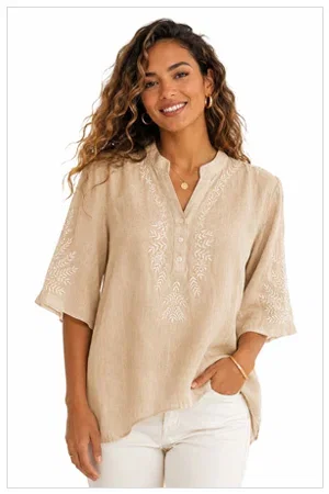 Chic YC Women's Embroidery V-Neck Half Sleeve Blouse Loose Summer Casual Boho Style Shirt