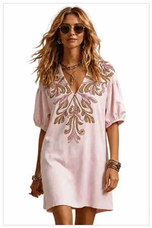 Chic YC Women's Floral Embroidered V-Neck Mini Dress Puff Sleeve Casual Summer Sundress