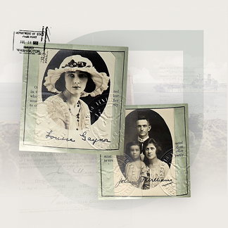 Two small, black-and-white photographs in oval frames. One is of a young woman in a large, lace-rimmed cap with the name “Louise Gaynor” handwritten at the bottom. The other is of a man, woman, and child with the name “John Williams” written at the bottom. A U.S. passport  stamp is stamped over the top left corner, reading “Department of State Pass Port, Jul 13 1921, Issued Washington.”