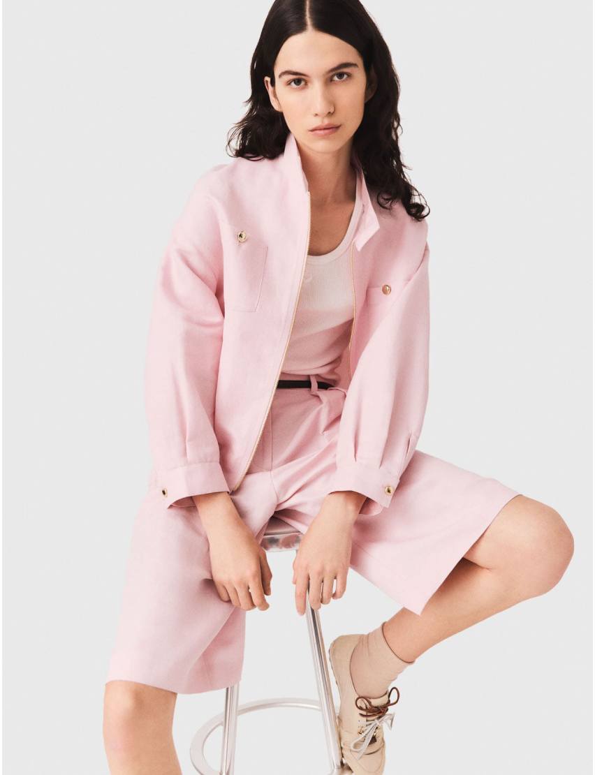 Blouson bomber en lin mélangé rose
