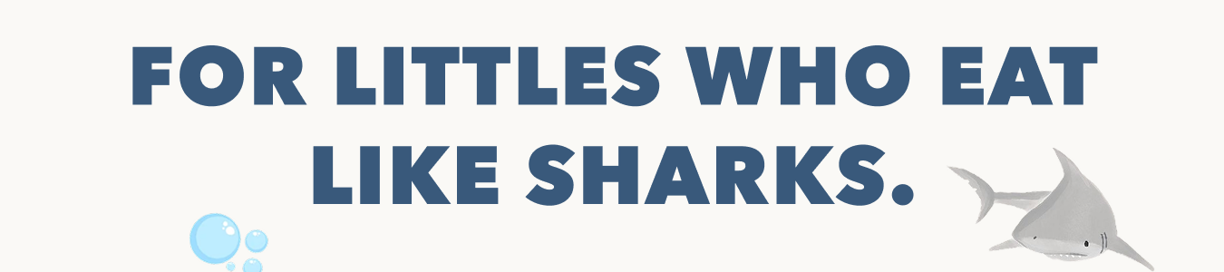 blue text on a cream background with an illustrated shark and blue bubble