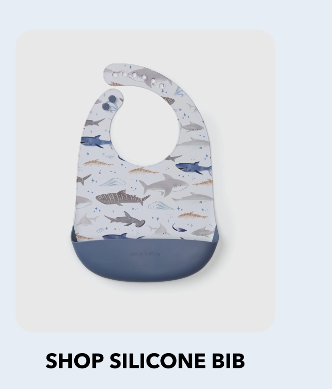 blue and shark printed silicone baby bib