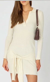 White Knit Dress Long Sleeve Mini Tie Front Detail