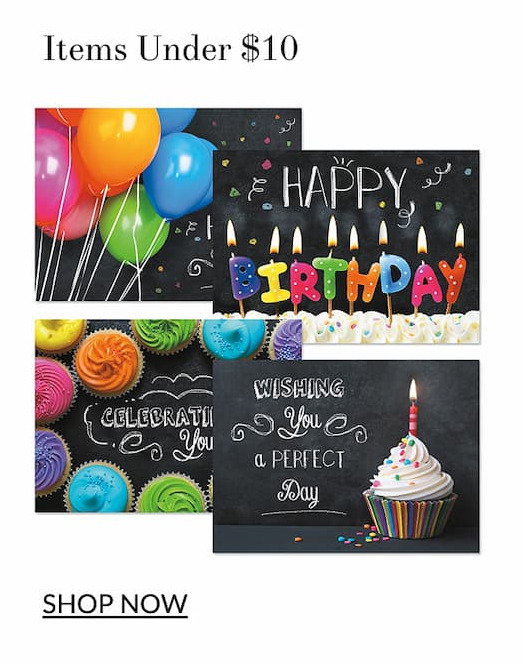 Items under $10: Bright on black birthday cards