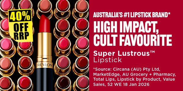 Revlon Super Lustrous Lipstick range 40% off RRP at Chemist Warehouse. Sale ends 5 August 2026.