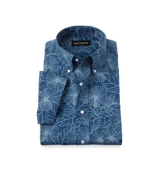 Non-Iron Cotton Floral Short Sleeve Dress Shirt - Navy/teal-Classic Fit / 17.5