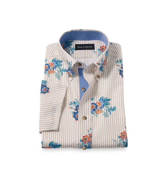 Non-Iron Cotton Floral Short Sleeve Dress Shirt With Contrast Trim - Tan Multi-Classic Fit / 17.5
