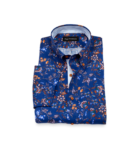 Non-Iron Linen Floral Short Sleeve Dress Shirt With Contrast Trim - Cobalt-Classic Fit / 17.5