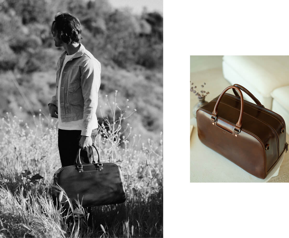 Man standing in a field holding a leather briefcase in black and white, paired with a close-up of a leather bag resting on fallen leaves