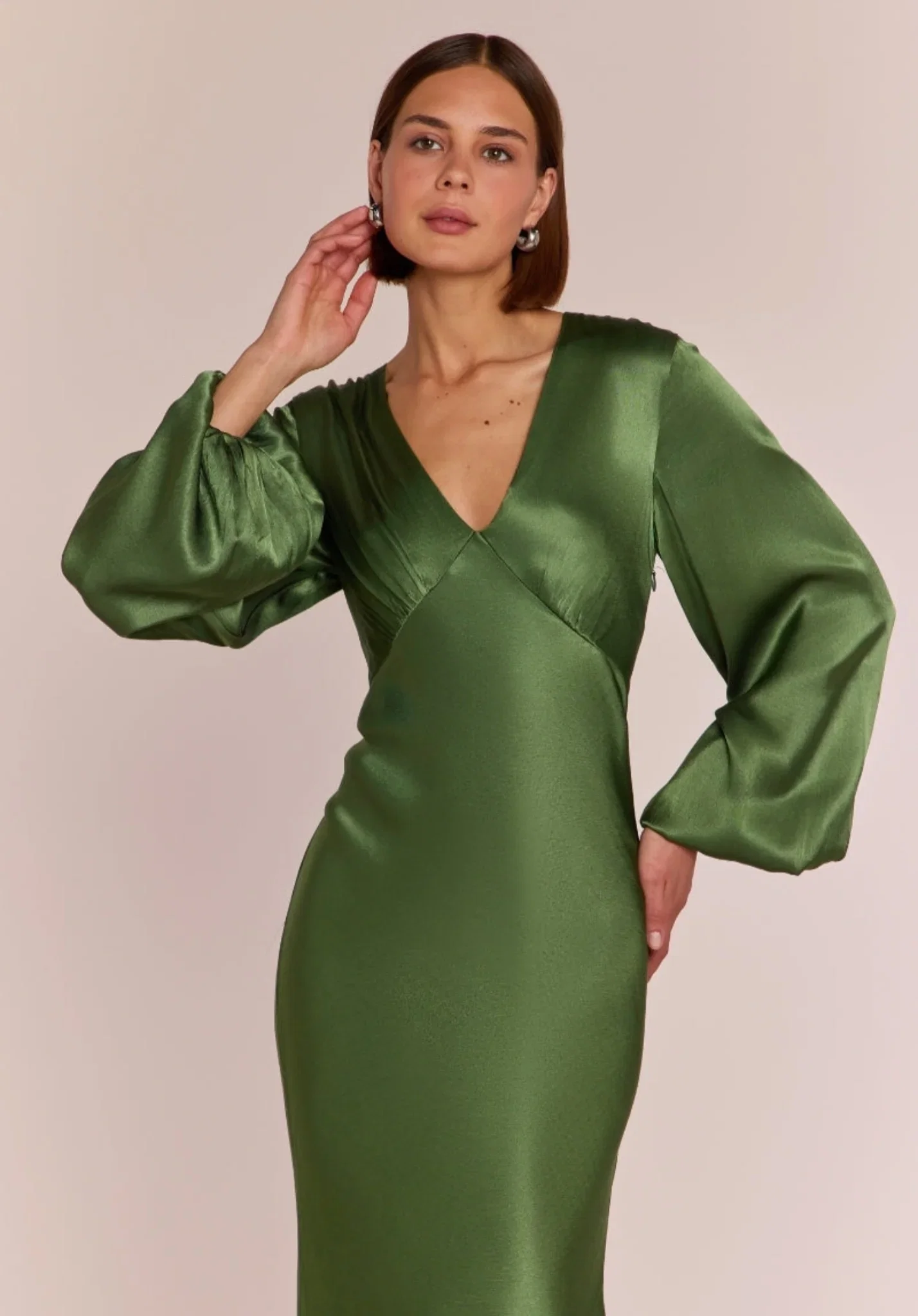 Image of Valencia Dress in Olive Viscose Satin