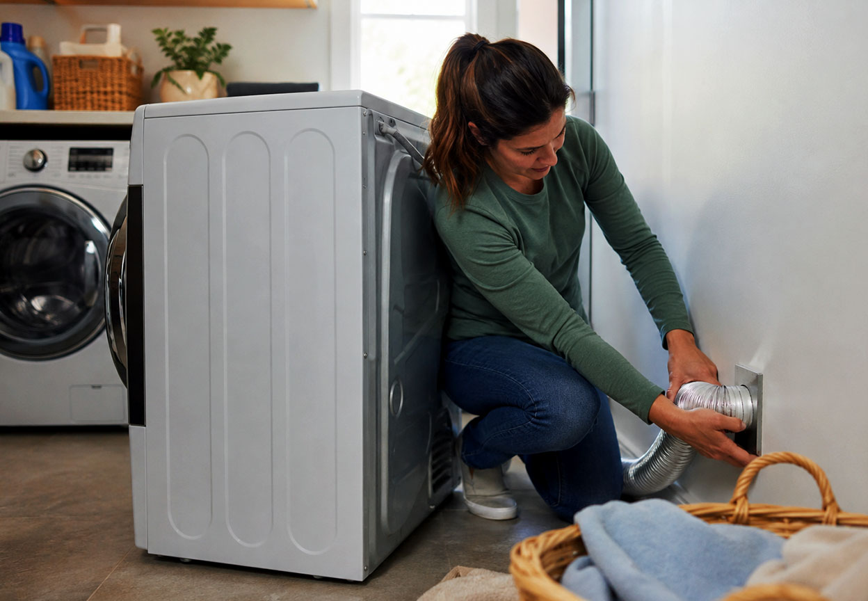 Homeowner reconnects a flexible vent hose behind a dryer in a laundry room