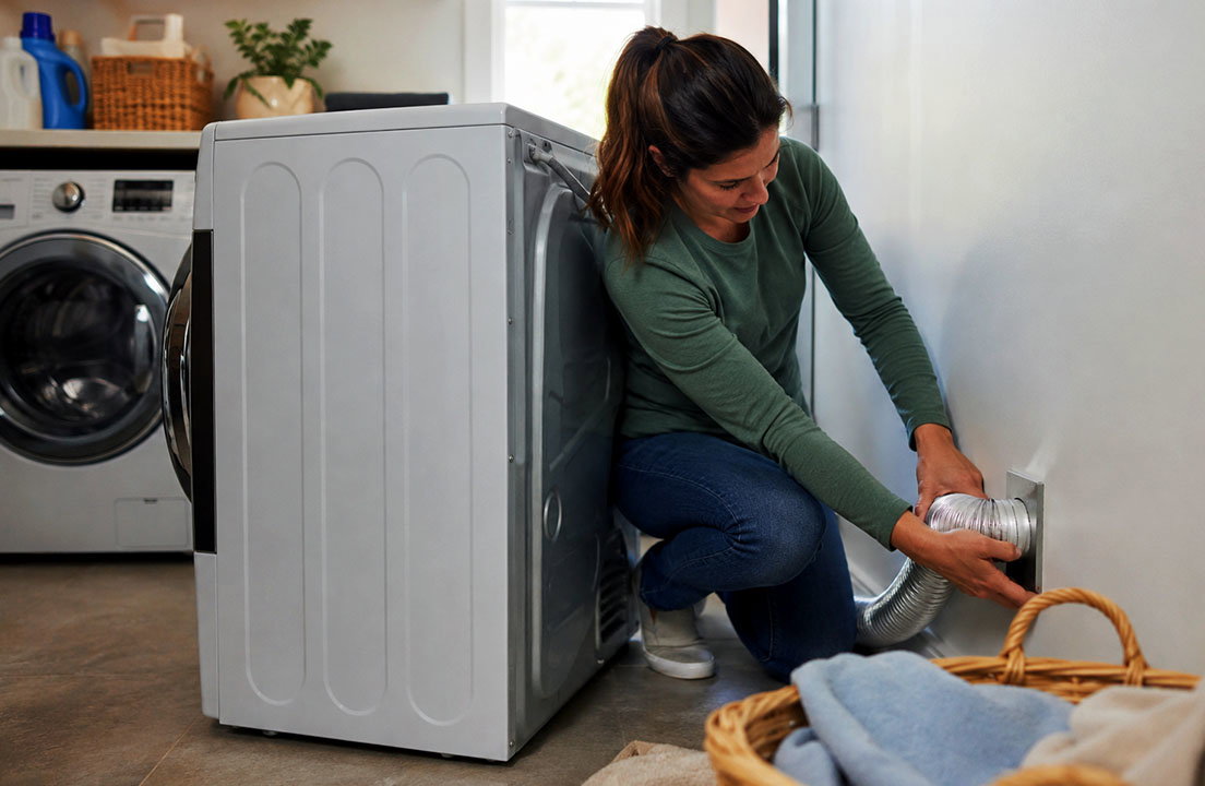 Homeowner reconnects a flexible vent hose behind a dryer in a laundry room